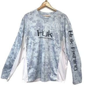 Huk Performance Fishing Shirt Men XXL 2XL Blue Camo Mesh Sides Long Sleeve